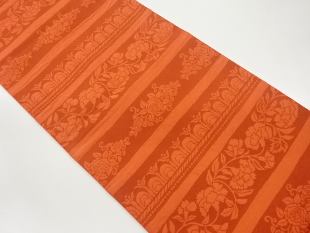 ふくれ織薔薇・カーネーションに横段模様織出し袋帯